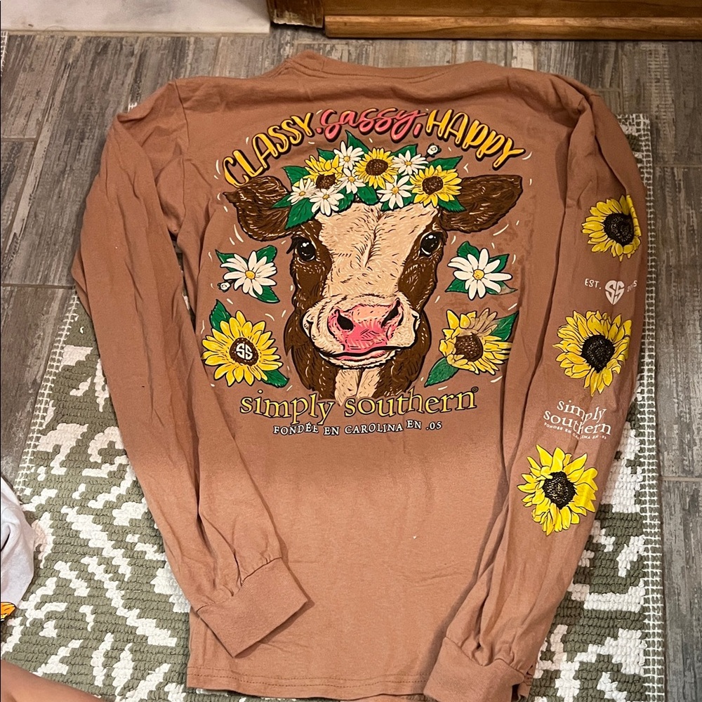 Simply Southern Tan Long Sleeve with Cow and Sunflower Design